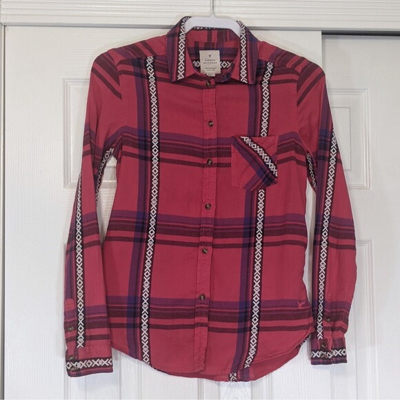 American Eagle Plaid Boyfriend Shirt  XS Pink Western Aztec Embroidered Womens - Picture 2 of 9